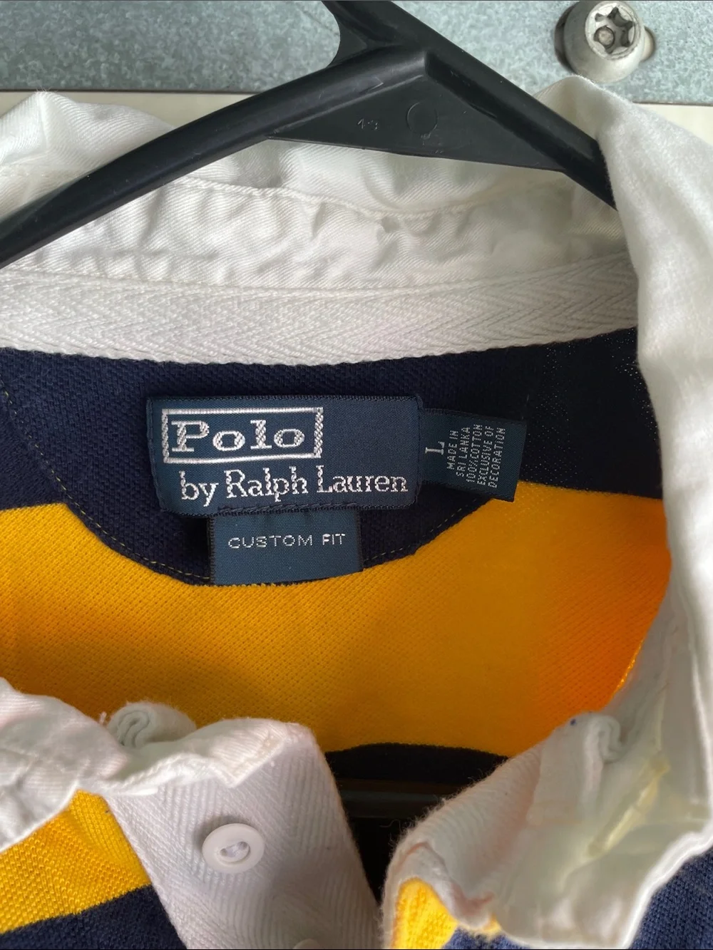 Ralph Lauren Polo Rugby Shirt - Navy and Yellow Stripes with White Collar
